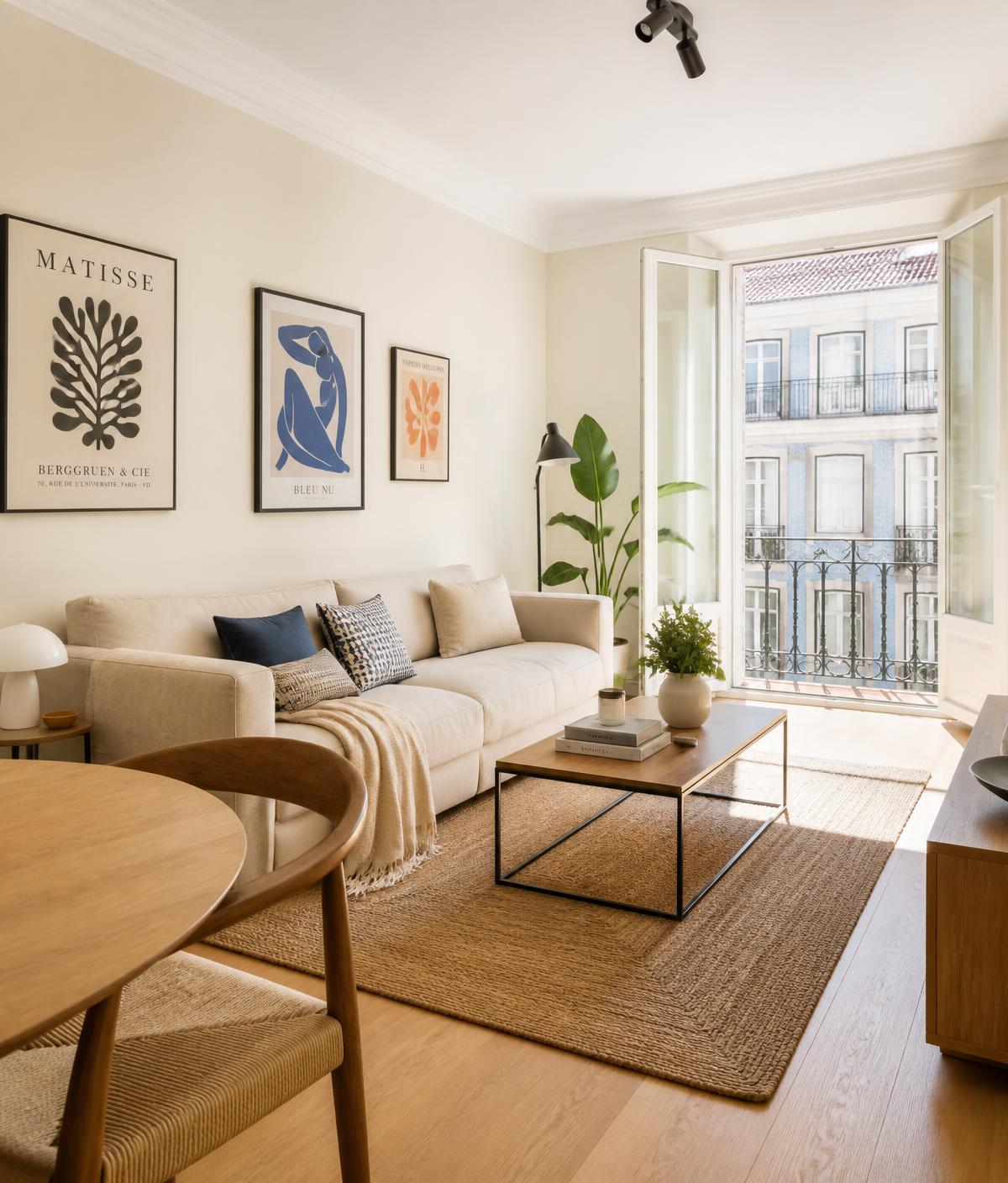 Sala de apartamento em Lisboa arrumada e com luz natural